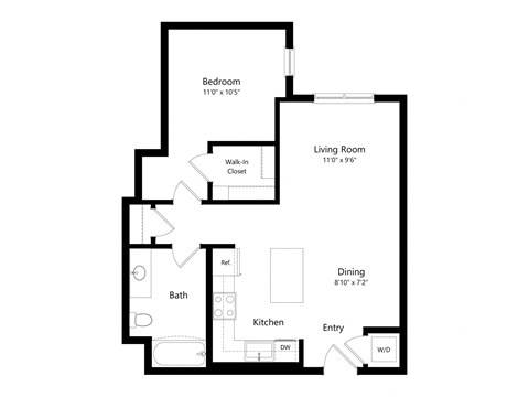 Floor plan for 1 bed, 1 bath, 727 sqft